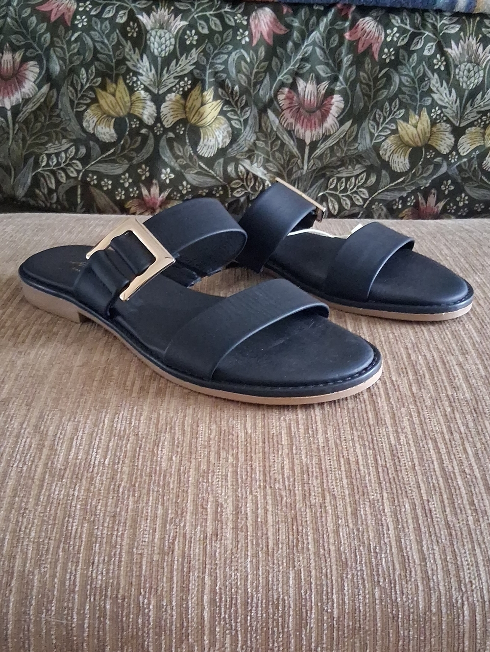 Anna Capri Genuine Leather Black Slide Sandals with Gold Buckle